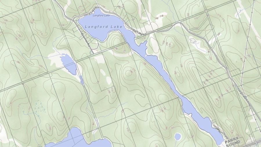 Topographical Map of Langford Lake in Municipality of Perry and the District of Parry Sound